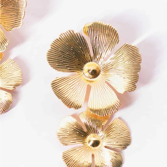 Gold Double Flower Drop Earrings - Picture 5 of 9